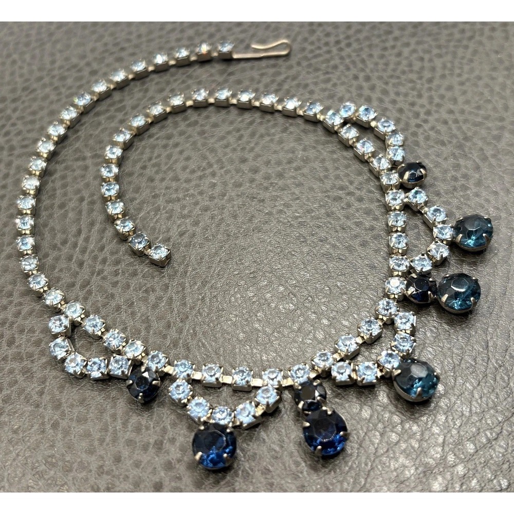VTG Light And Dark Blue Rhinestone Bib Necklace Crystal Silver Tone Choker 15"